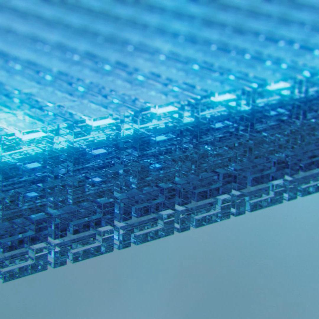 CGI felvétel, amelyen az látható, amint a ZEISS DuraVision rétegeknél alkalmazott ionos besugárzással összenyomják az ultravékony rétegeket.