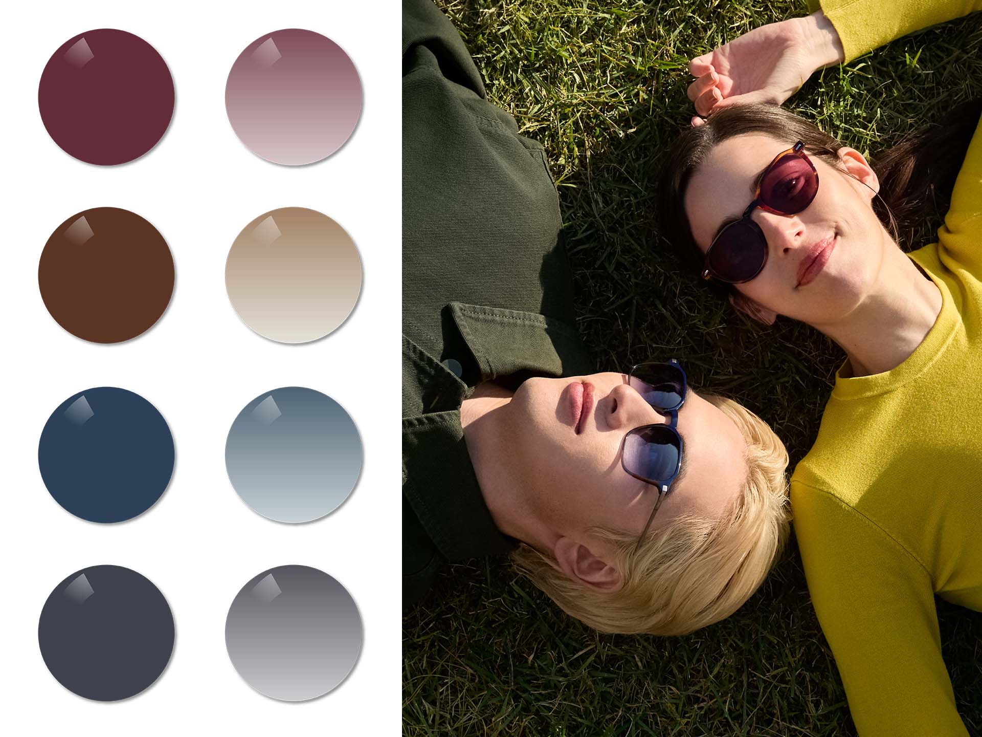 ZEISS Sun Rx Midnight Blue színű, színátmenetes lencsét viselő férfi, és ZEISS dioptriás, burgundy egyszínű napszemüveglencsét viselő nő a fűben fekve. A következőkben a Burgundy, Copper Brown, Midnight Blue és Dusk Grey színek egyszínű és színátmenetes árnyalatokban kerülnek megjelenítésre.