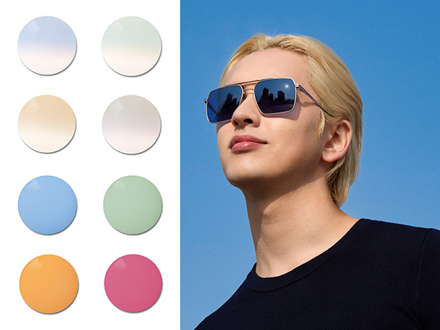 Egyszínű kék árnyalatú ZEISS Sun Rx lencsét viselő fiatalember. A következőkben különleges színárnyalatok színpalettáját mutatjuk be, amely a pasztellárnyalatoktól az erős és színes egyszínű színárnyalatokig terjed.