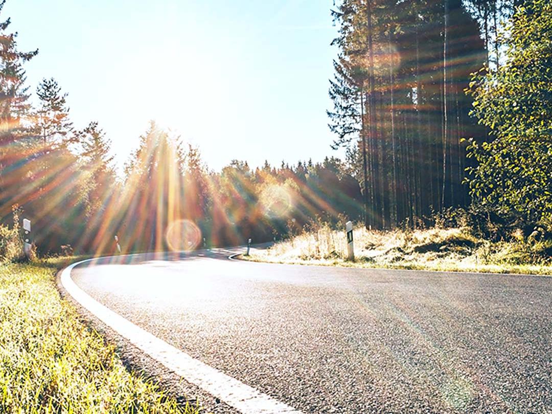 Csúsztatható kép, amelynek egyik fele egy erdei utat ábrázol fényes napsütésben, a másik fele pedig ugyanazt az utat mutatja csökkentett tükröződéssel és megnövelt kontraszttal, ezzel kiemelve a polarizált napszemüveglencsék hatását.
