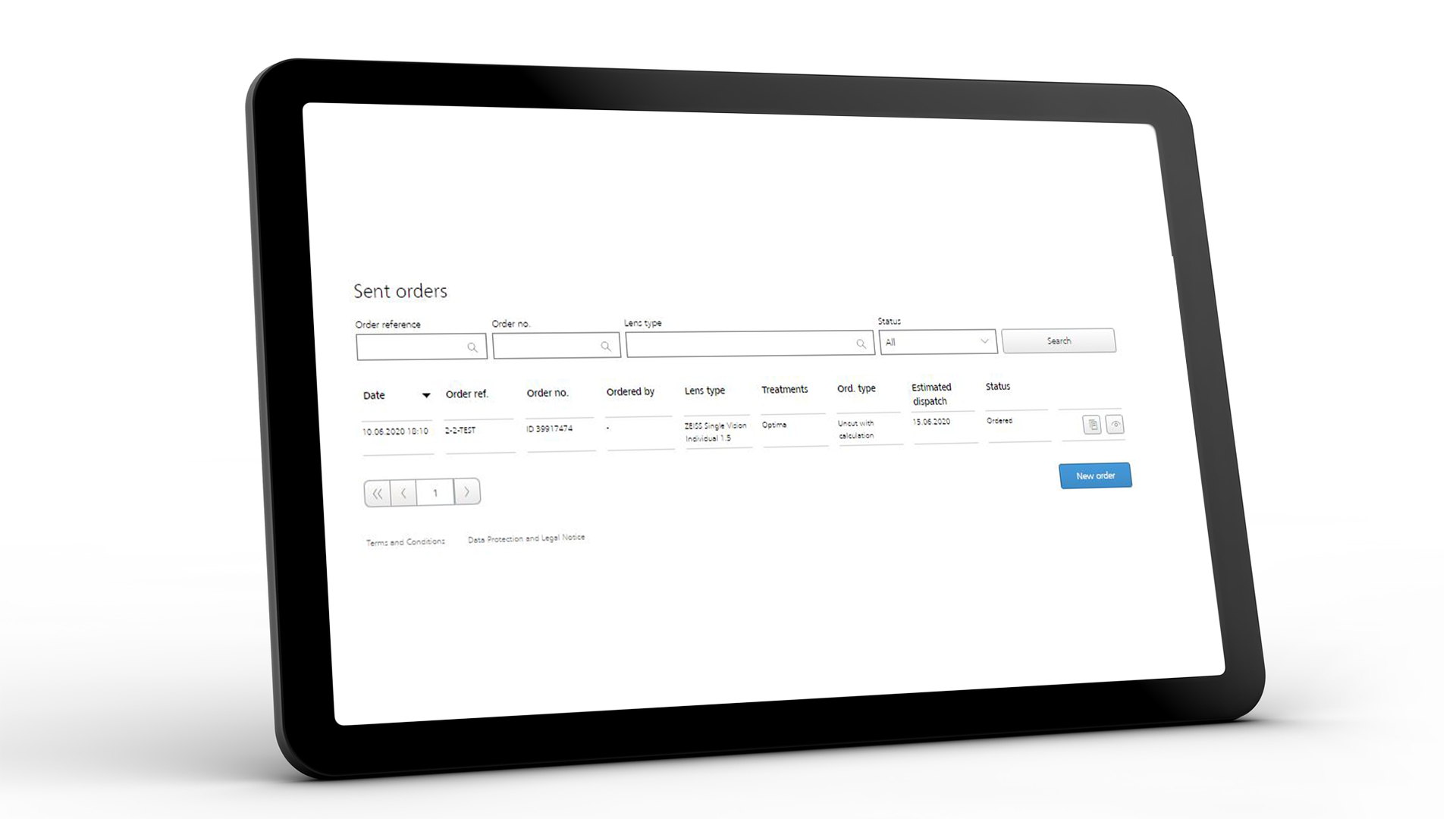 A ZEISS VISUSTORE kezelői felületet mutató tablet képernyője leadott megrendelések megjelenítése esetén 