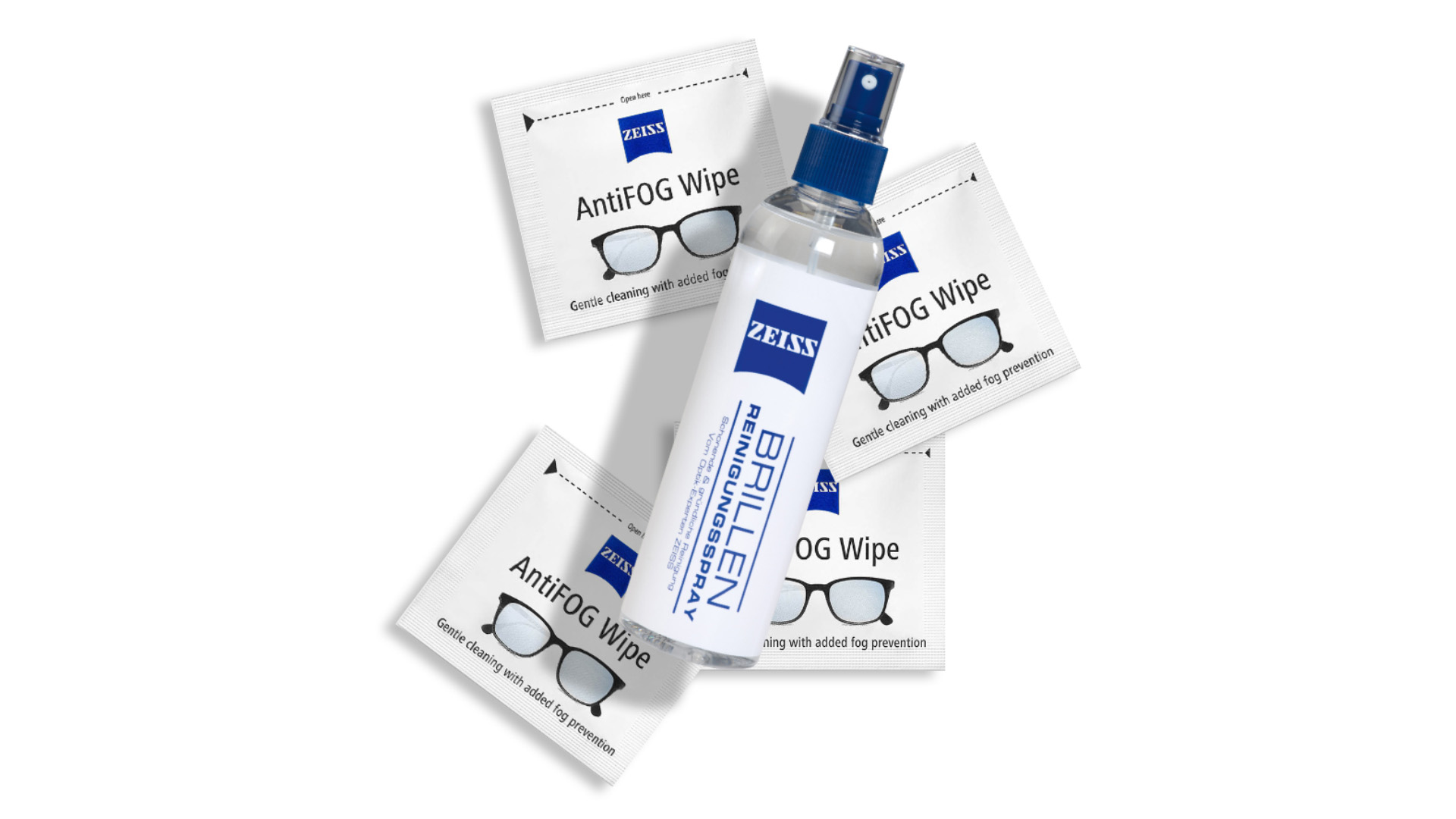 ZEISS lencsetisztító törlőkendőket és spray-t ábrázoló kép.