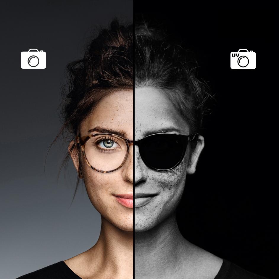 Közeli kép egy nőről, aki ZEISS UVProtect technológiával ellátott szemüveget visel. A kép egyik felét egy hagyományos kamerával készítették, a kép másik felét pedig egy UV-kamerával. Az UV-képeken az látható, hogy a ZEISS színtelen lencsék ugyanolyan hatékonyak a káros UV-sugarak kiszűrésében, mint a napszemüvegek.
