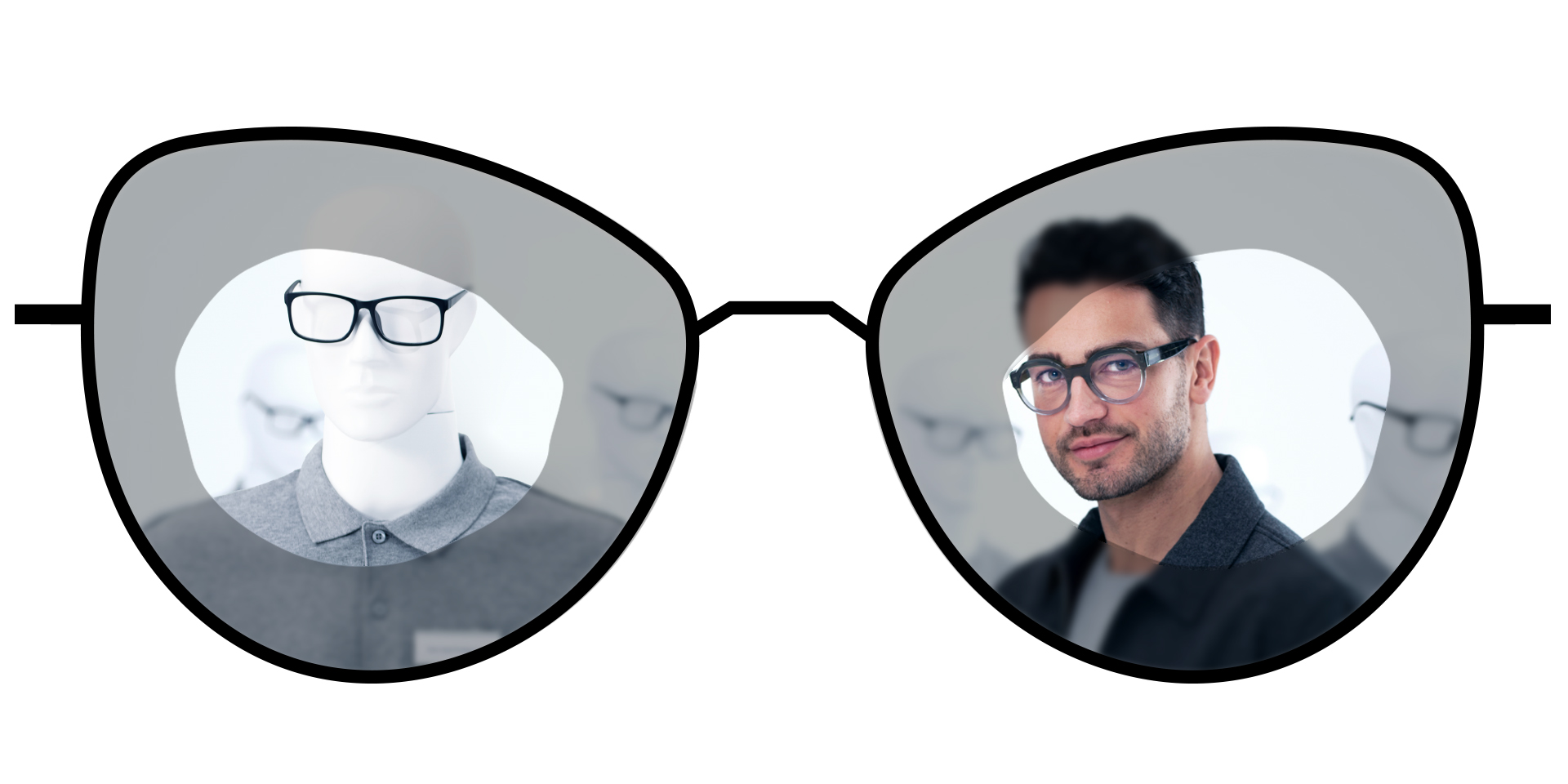 Szemüvegről készült illusztráció, amely a hagyományos egyfókuszú lencséknél tapasztalható optikai hibákkal terhelt zónákat hasonlítja össze a ZEISS ClearView egyfókuszú lencsék nagy kiterjedésű kiváló látást nyújtó zónáival.