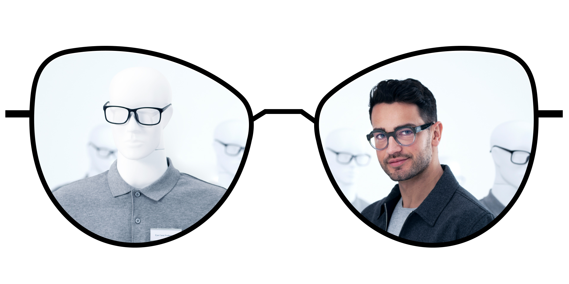 Szemüvegről készült illusztráció, amely a hagyományos egyfókuszú lencséknél tapasztalható optikai hibákkal terhelt zónákat hasonlítja össze a ZEISS ClearView egyfókuszú lencsék nagy kiterjedésű kiváló látást nyújtó zónáival.