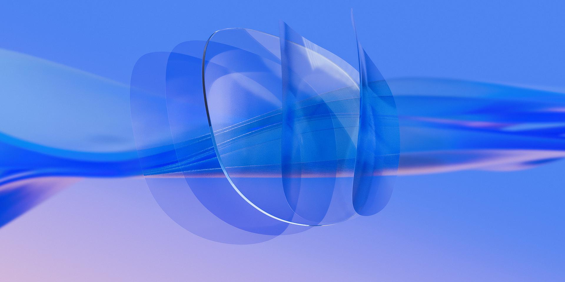 Egy átlátszó ZEISS lencse 3D CGI ábrázolása, ahol a lencse hátsó és elülső felületére több ultravékony réteget visznek fel.
