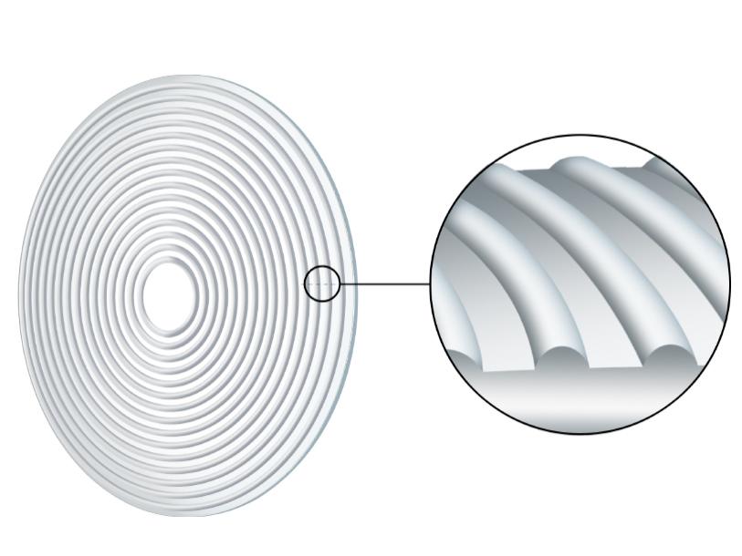 A ZEISS MyoCare szemüveglencse funkcionális zónájáról készült illusztráció, amelyen láthatók az egymást felváltó fókuszcsökkentő és korrekciós zónák.