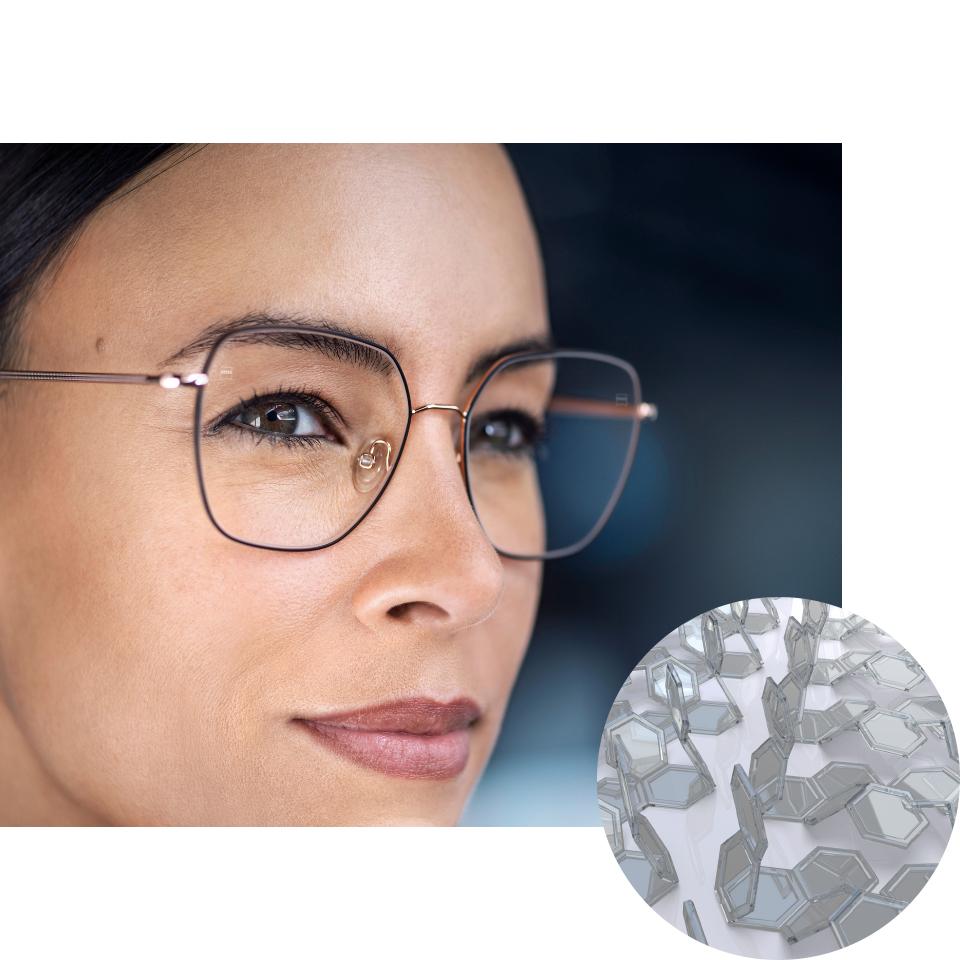 Kivilágosodott ZEISS PhotoFusion X szemüveget viselő nő, a kinyílt színezőanyagokat egy illusztráció ábrázolja. 