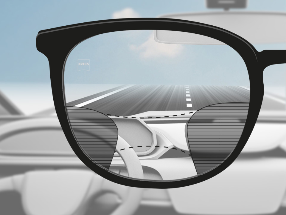 Egy ZEISS DriveSafe progresszív szemüveglencsét viselő sofőr szemszögéből készült kép, amelyen keresztül élesen látszik az út és a műszerfal, a lencse bal és jobb oldalán pedig apró homályos részek látszanak. 