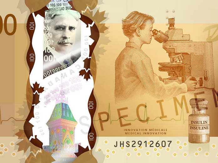 Közeli kép a 100 dolláros kanadai bankjegyről, amelyen többek között egy ZEISS mikroszkóp is látható.