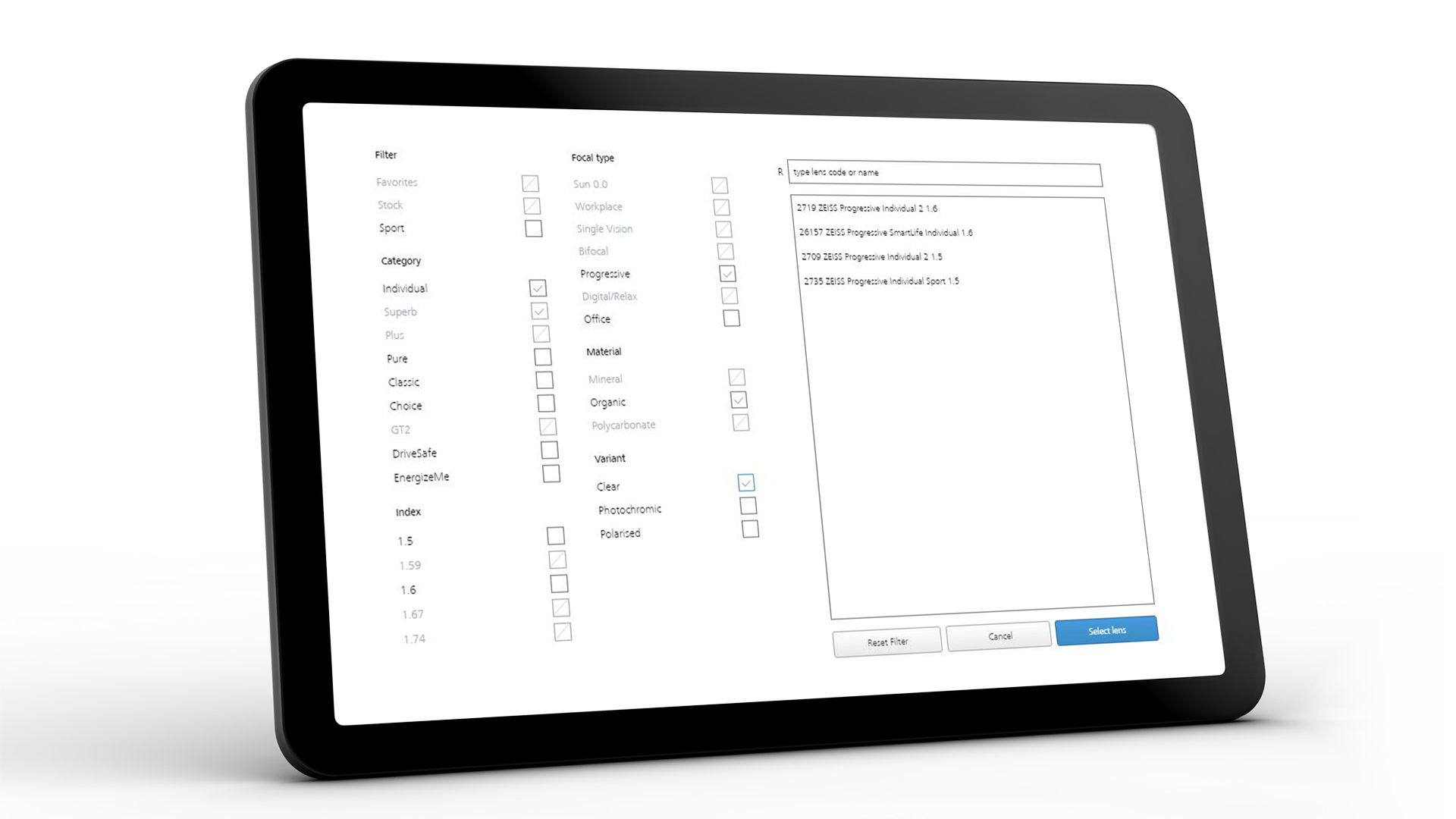 A ZEISS VISUSTORE kezelői felületet mutató tablet képernyője beviteli segédletek megjelenítése esetén 