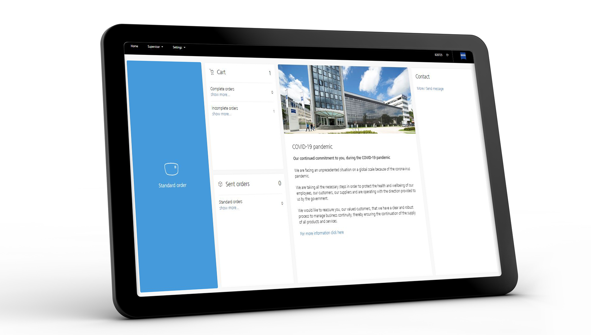A ZEISS VISUSTORE kezelői felületet mutató tablet képernyője új megrendelések megjelenítése esetén 