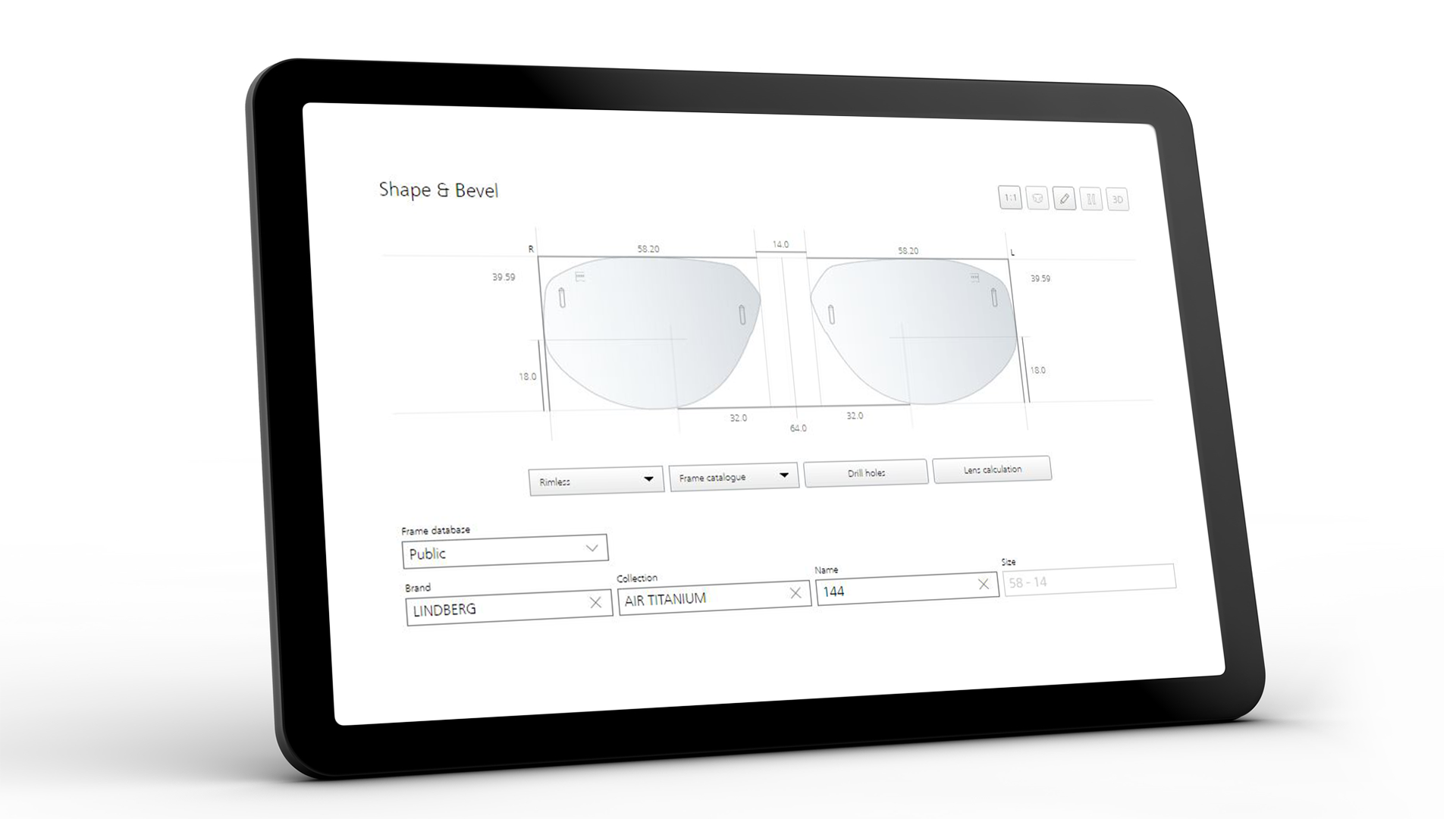 A ZEISS VISUSTORE kezelői felületet mutató tablet képernyője a lencseforma és a fazetta megjelenítése esetén 