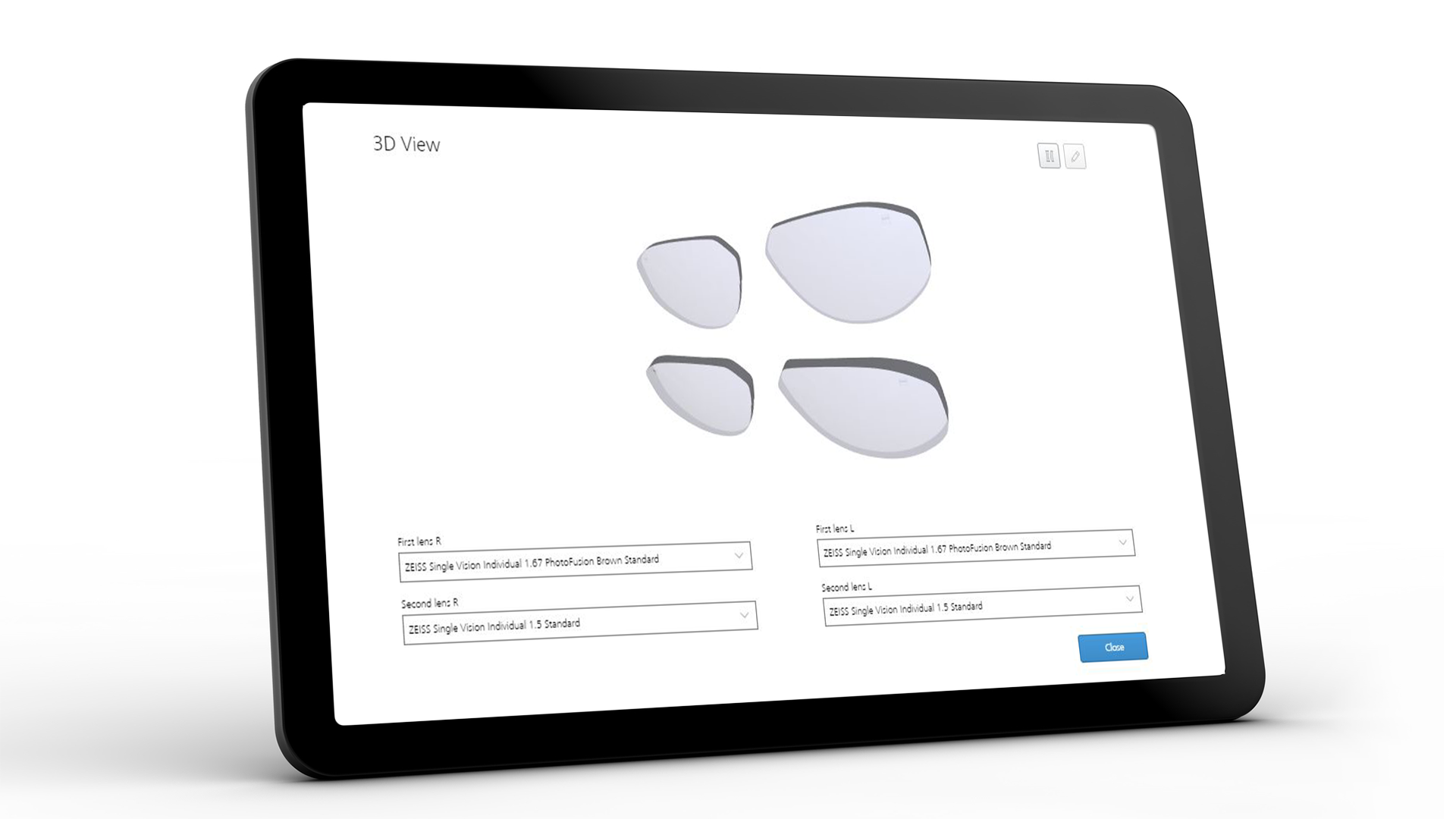 A ZEISS VISUSTORE kezelői felületet mutató tablet képernyője 3D-s nézet esetén 