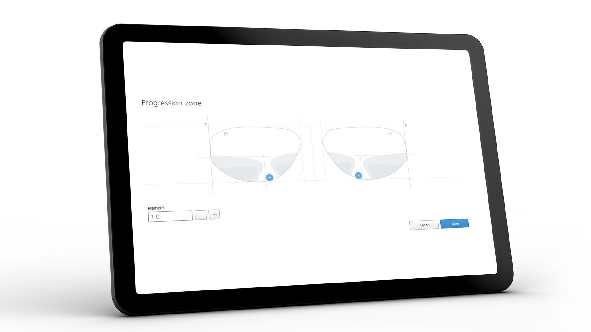 A ZEISS VISUSTORE kezelői felületet mutató tablet képernyője a progresszív zóna megjelenítése esetén 