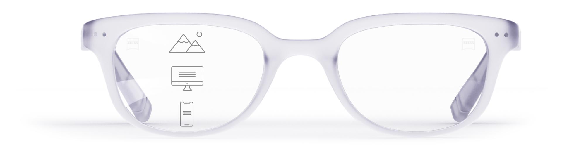 ZEISS Progressive SmartLife szemüveglencsék egy stílusos, átlátszó szemüvegkeretben; ikonok jelzik a különböző látózónákat – közeli, átmeneti és távoli